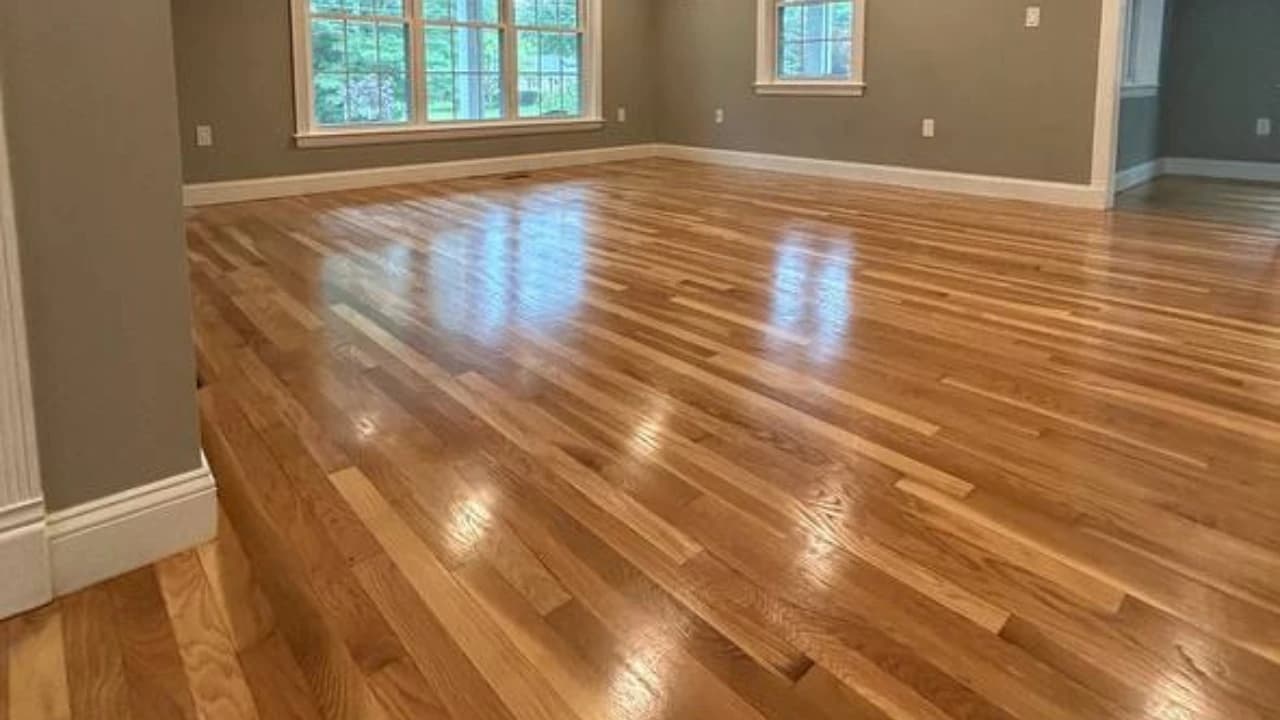 Refinished red oak hardwood floor with glossy clear finish in a living room with large windows